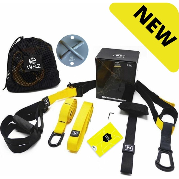 W&Z® TRX Suspension trainer Pro - Thuis sporten - Complete TRX Training set - Zwart/Geel - Plafond Anker - X-mount
